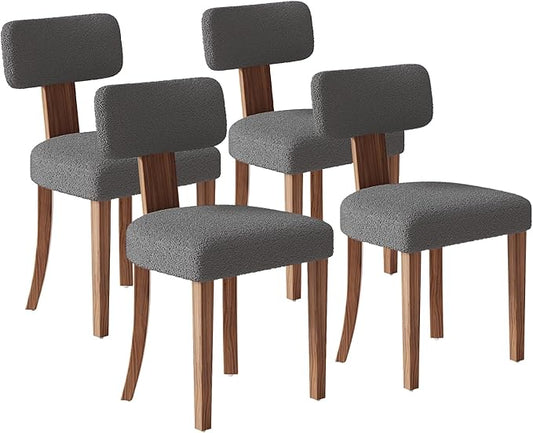 Farmhouse Chair Set of 4, Mid Century Modern Dining Chairs, Sherpa Upholstered Kitchen Chairs with Curved Backrest & Adjustable Legs for Living Room/Bedroom, Easy to Install, Grey Sherpa
