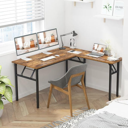 DlandHome Reversible L-Shaped Desk Large Corner Desk Folding Table Computer Desk Home Office Table Computer Workstation,Retro-N