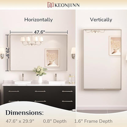 Keonjinn 48 x 30 in Brushed Nickel Bathroom Vanity Mirror, Rectangular Silver Metal Framed Wall-Mounted Mirror Square Corner Modern Farmhouse Rectangle Mirror for Over Sink(Horizontal/Vertical)