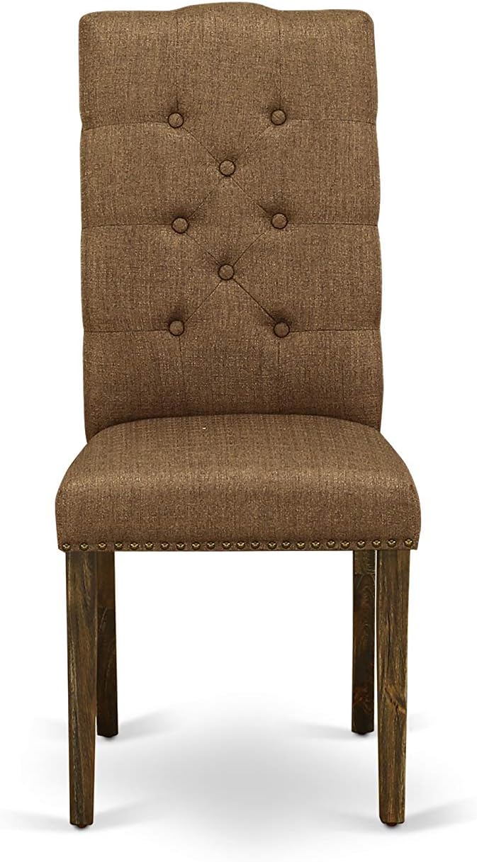East West Furniture F3EL5-718 5 Piece Modern Dining Table Set Includes a Round Wooden Table with Pedestal and 4 Brown Linen Linen Fabric Parsons Dining Chairs, 48x48 Inch, Distressed Jacobean