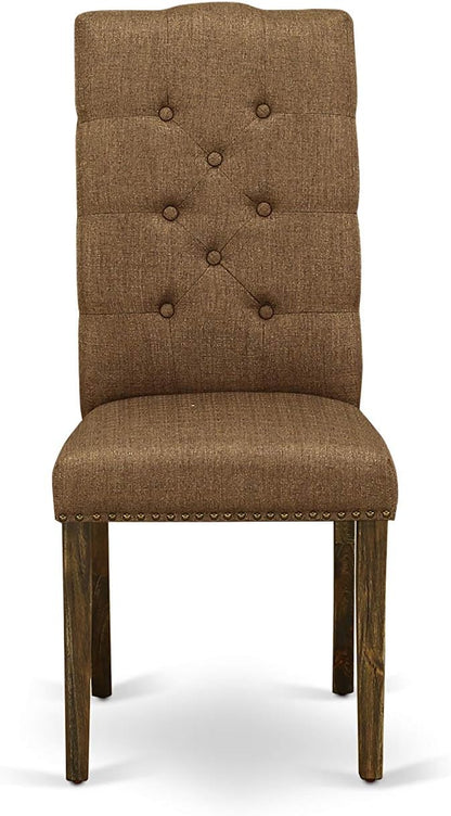 East West Furniture F3EL5-718 5 Piece Modern Dining Table Set Includes a Round Wooden Table with Pedestal and 4 Brown Linen Linen Fabric Parsons Dining Chairs, 48x48 Inch, Distressed Jacobean
