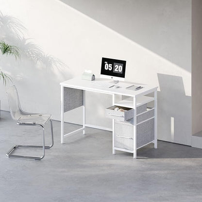 Ｍａｉｈａｉｌ Maihail Small Desk with Drawers, 40 inch Computer Desk with Shelves, Writing Desk with Storage, Small Office Desk with Metal Frame, White