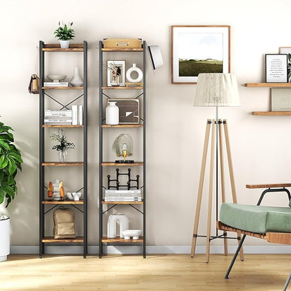 5 Tier Bookshelf, Bookcase with 5 Shelves, Storage Rack Organizer, Corner Wood Storage Shelf with Metal Frame for Bedroom, Living Room (Rustic Brown)