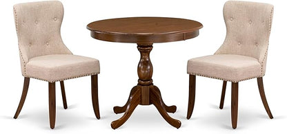East West Furniture AMSI3-AWA-04 3 Piece Dining Set for Small Spaces Contains a Round Kitchen Table with Pedestal and 2 Light Tan Linen Fabric Parson Chairs, 36x36 Inch, Walnut