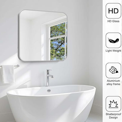 Silver Bathroom Mirror, 30 x 30 Inch Silver Square Mirror, Metal Framed Rectangular Vanity Mirror, Rounded Corner Wall Mounted Mirror for Living Room Bedroom Entryway Hangs Horizontal/Vertical