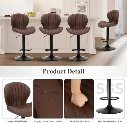 COLAMY Bar Stools Set of 4, Modern Swivel Bar Chairs, Adjustable Faux Leather Upholstered Barstools Counter Height with High Backrest for Bar, Kitchen Island, Dining Room, Brown