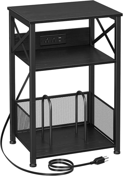 AMHANCIBLE Record Player Stand with Charging Station, Turntable Stand with Storage Cabinet, 3 Tier End Table Hold Up to 100 Albums, Record Stand for Vinyl, Living Room, Black, HETCD01BK-1