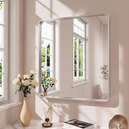 Brushed Nickel Bathroom Mirror 38x38 Inch, Brushed Silver Metal Frame Mirror Wall Mounted, Rounded Bathroom Vanity Mirror, Tempered Glass, Anti-Rust, Horizontal/Vertical