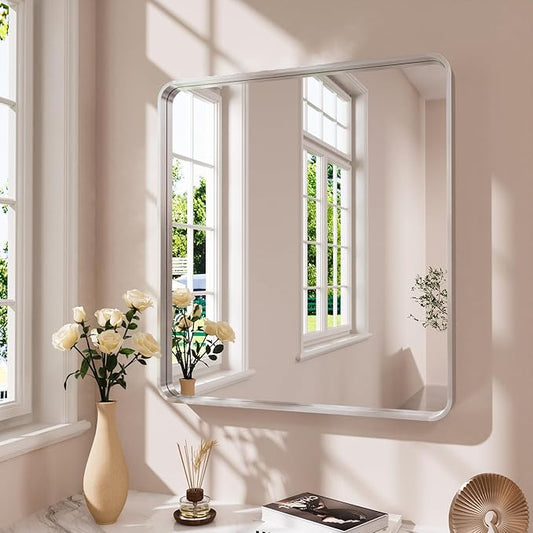Brushed Nickel Bathroom Mirror 38x38 Inch, Brushed Silver Metal Frame Mirror Wall Mounted, Rounded Bathroom Vanity Mirror, Tempered Glass, Anti-Rust, Horizontal/Vertical