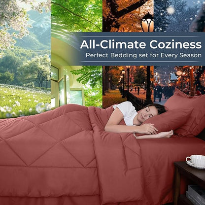 HEVUMYI Terracotta Cali-King Comforter Set - 7-Piece All Season Bed in a Bag Cali-King, Ultra Soft Bedding Set with Comforter, Flat Sheet, Fitted Sheet, Pillowcases, Pillow Shams
