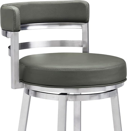 Armen Living Titana 26" Counter Height Swivel Grey Faux Leather and Brushed Stainless Steel Bar Stool