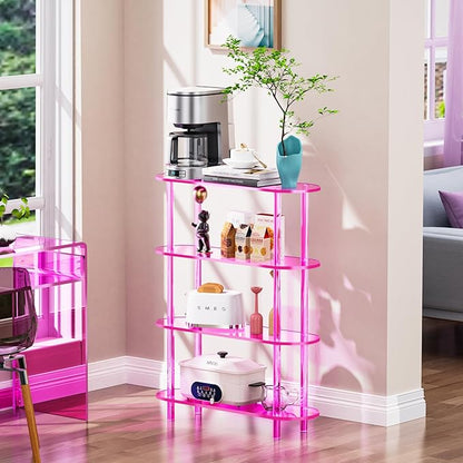 Clear Bookshelf, Acrylic Bookcase with Open Book Shelf Console Table for Entryway Office (4 Tier Pink)
