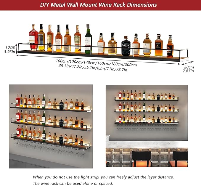 Wall-Mounted Metal Wine Rack with LED Lights 3-Tier Floating Bar Shelves with Wine Glass Rack Large Wine Bottle Display Rack Hanging Shelf, for Home Bar Dining Room Decorative (Gold, 120cm/47.2in)