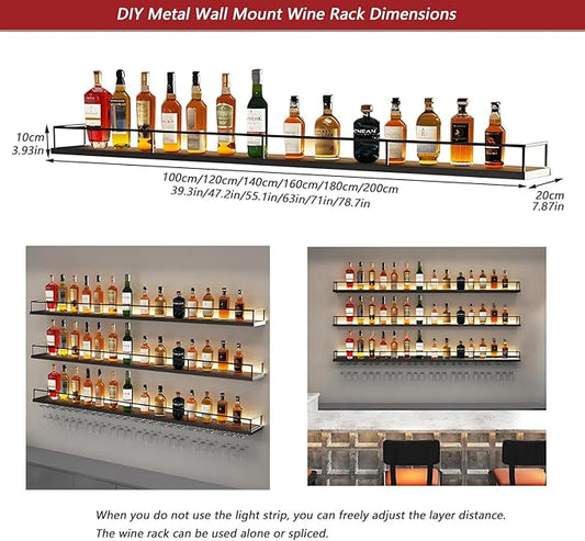 63in Wall-Mounted Metal Wine Rack with LED Lights 3-Tier Floating Bar Shelves with Wine Glass Rack Large Wine Bottle Display Rack Hanging Shelf, for Home Bar Dining Room Decorative (black, 160cm/63in)