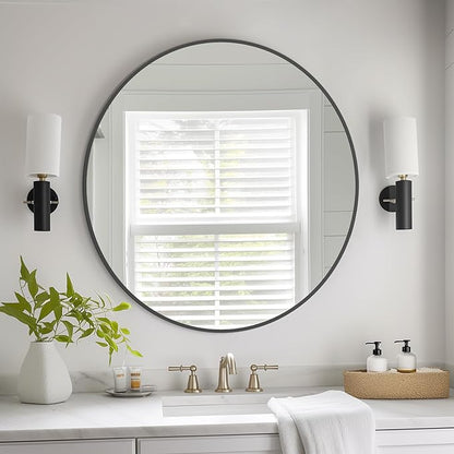 HOMECOOKIN Round Wall Mirror 28" Black Circle Mirror for Bathroom with Metal Framed, Round Gold Mirror for Wall Decor, Vanity, Entryway Living Room