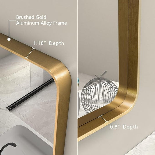 72x36 Inch Gold Bathroom Mirror for Wall, Large Brushed Gold Framed Mirror, Large Rectangle Vanity Mirror, Rounded Corner, Shatterproof, Anti-Rust (Horizontal/Vertical)