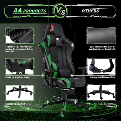 AA Products Gaming Chair High Back Ergonomic Computer Racing Adjustable Gamer Chair with Footrest, Lumbar Support Swivel Chair – Blackgreen