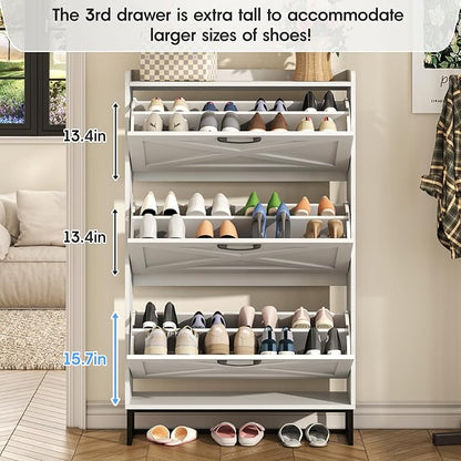 Maupvit Shoe Storage Cabinet with 3 Flip Drawers, Freestanding Organizer with Metal Legs for Entryway, Narrow Shoe Rack Cabinet, White