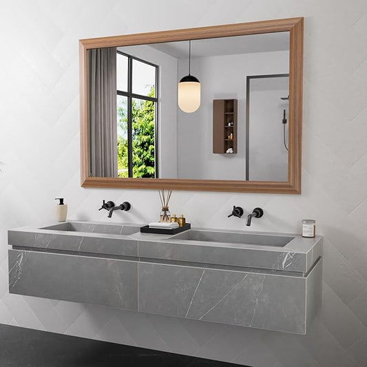 Amorho 50 X36 Inch Bathroom Mirror for Over Sink, Walnut Wood Grain Metal Frame Wall Mirror, Anti-Rust, Hang Horizontally/Vertically, Suitable for Bedroom, Farmhouse, Bathroom, Decorative