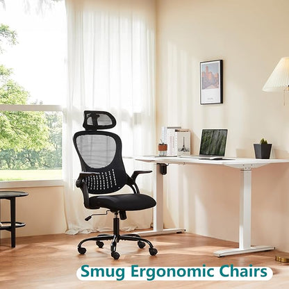 SMUG Office Chair Ergonomic Desk Lumbar Support, Computer Chairs Gaming Mesh with Wheels and Headrests, Flip-up Arm,Adjustable Position for Home, Work, Study, Black