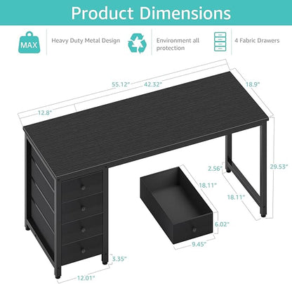 Lufeiya Gaming Desk with Fabric Drawers - 55 Inch Long Study Work Writing Reversible Computer Desk for Home Office Bedroom, Simple Modern Cute PC Desks with Drawer, Black