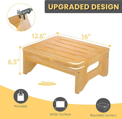 Wooden Step Stool for Adults & Kids, Non-Slip Rubber Feet, 6.5 Inch High, Lightweight Small Step, 400 Lbs Capacity, Bed Step Stool for High Bed, Bathroom & Kitchen, Bamboo