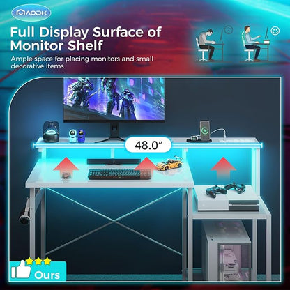 AODK Computer Desk, 48 Inch Gaming Desk with Led Lights & Power Outlet, Office Desk with Storage Shelves, Reversible Desk with Monitor Shelf & Headphone Hook, White