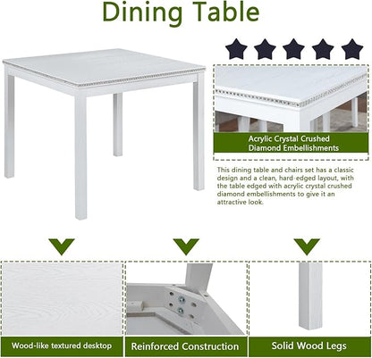 Ball & Cast 5 Piece Dining Table Set,Kitchen Table Set for 4 W/ 34.5" Square Wooden Dining Table,Living Room Furniture W/ 4 Upholstered Chairs,for Dining Room,Kitchen,Restaurant,White