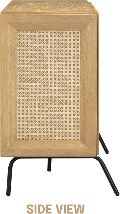 NTC MOSSIC Modern Sideboard with 3 Doors, Natural Rattan Storage Cabinet, Buffet with Metal Legs, Boho Accent Cabinet for Living Room, and Entryway, Effortless Assembly, Sand