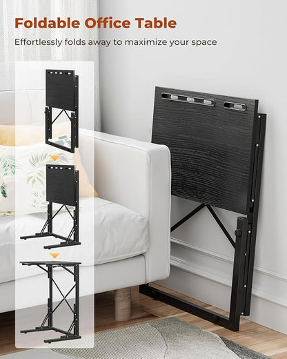 21''Wx28''H Folding TV Tray for Eating, Small Foldable C-Shaped Tray Table with Tablet and Phone Slots, Slide Under Couch Side Table for Recliner, Living Room, Bedroom, Black