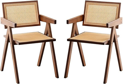 Rattan Accent Chairs, Modern Mid Century Dining Chairs Set of 2, Comfy Armchairs, Outdoor Rattan Chairs with Armrest for Bedroom Living Room Reading Room Dining Kitchen, Brown