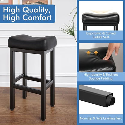 29 Inch Bar Height Bar Stools Set of 2, 29" Barstools for Kitchen Island Counter, Backless Bonded Leather Bar Height Stools with Thick Saddle Seats & Heavy Duty Metal Base, Easy Assembly, All Black
