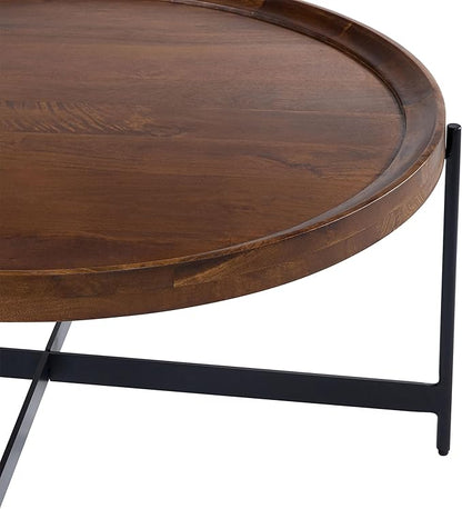 Brookline Solid Acacia Wood 42-Inch Round Coffee Table with Black Powder-Coated Metal Legs – Rustic Industrial Modern Farmhouse Living Room Furniture by Alaterre
