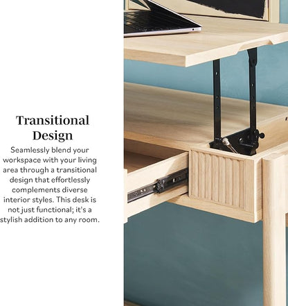 WALKER EDISON Transitional Style Furniture, Reeded Detail, Lift-Top Desk with Drawer and Storage Cubby, Sitting to Standing Desk, Soft Self-Close Desktop, 38”W x 16.75”D x 30”H, Coastal Oak