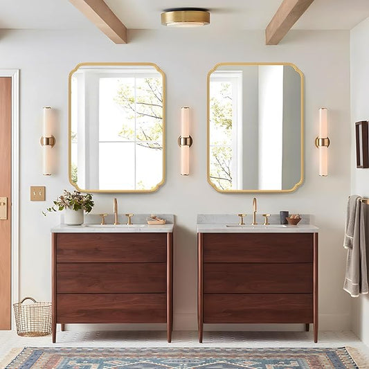 30" x 40"Gold Bathroom Mirror for Over Sink, Modern Rounded Corner Rectangle Wall Mirror for Bathroom Vanity Decorative with Non-Rusting Iron Metal Framed (Horizontal/Vertical)