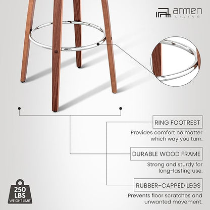 Armen Living Daxton Mid Century Modern Swivel Bar Stool for Kitchen Island Counter in Brown Faux Leather and Walnut Wood, 26" Seat Height