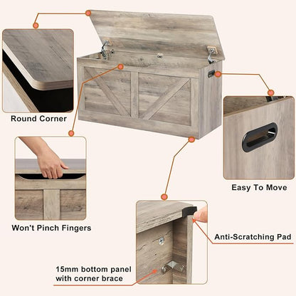 39.4" Storage Chest, Wooden Storage Bench, Large Storage Trunk with 2 Safety Hinges, Entryway Shoes Bench for Living Room, Bedroom, Grey