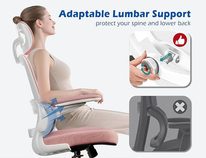 TRALT Ergonomic Office Chair - Desk Chair with Adjustable Headrest Lumbar Support Computer Chair - Mesh Comfy Chair with Flip-up Armrests - Gaming Chairs for Adults Home Office (Leather, Pink)