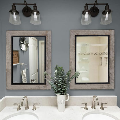 YOSHOOT Rustic Wooden Framed Wall Mirror, 32"x24", Natural Wood and Iron Bathroom Vanity Mirror for Farmhouse Decor, Vertical or Horizontal Hanging