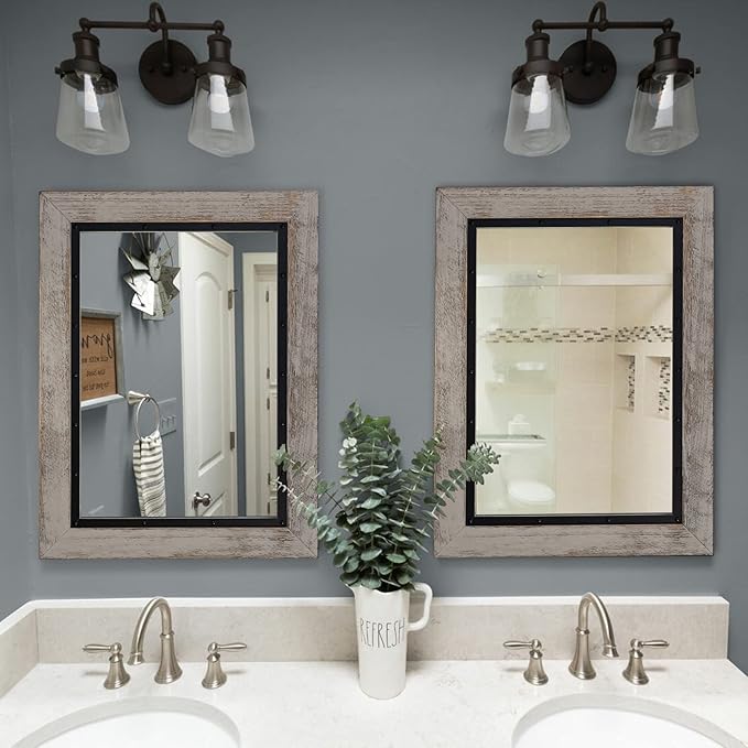 YOSHOOT Rustic Wooden Framed Wall Mirror, Natural Wood and Iron Bathroom Vanity Mirror for Farmhouse Decor, Vertical or Horizontal Hanging, 53" x 28", Grey