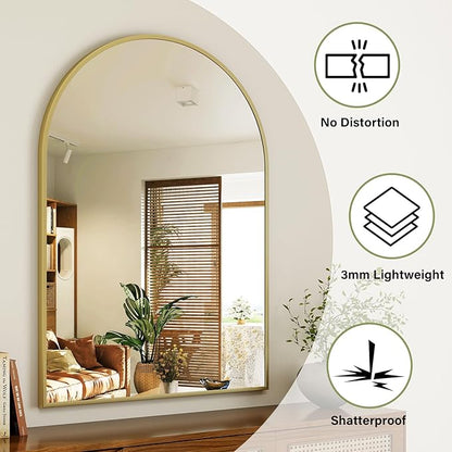 Arch Bathroom Mirror, 24x36 Inch - Wall Mounted Vanity Mirror with Aluminum Alloy Frame - Ideal for Living Room, Bedroom, Bathroom, and Entryway, Hanging or Leaning, Gold