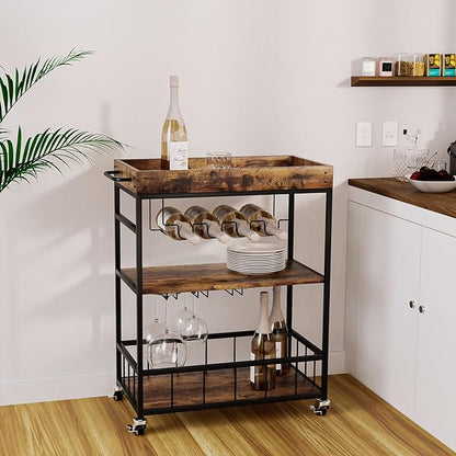 Bar Cart Serving Wine 3 Tier Home Rolling Rack with Wheels Mobile Kitchen Industrial Vintage Style Wood Metal Serving Trolley Serving Cart,Glass Holder Bar Cabinet