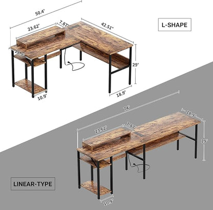 Unikito L Shaped Computer Desk with Magic Power Outlets and Smart LED Light, Sturdy Reversible Corner Desk with Monitor Stand & Storage Shelves, Home Office Work Desk, Easy to Assemble, Rustic