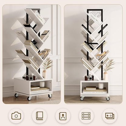7 Tier Tree-Shaped Rotating Bookshelf, Double Sided, Small Bookcase with Storage Cabinet, Modern Tall Narrow Bookshelves Organizer, Floor Standing Book Shelf for Bedroom/Living Room, White