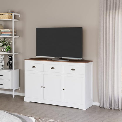 Keyluv White Buffet Cabinet Storage Sideboard Farmhouse Server Bar Wine Cabinet with 3 Drawers & 3 Doors Adjustable Shelves Console Table for Dining Living Room Kitchen Cupboard