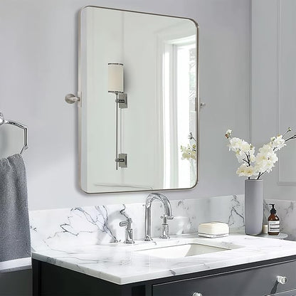 MOON MIRROR 22" x 30" Brushed Nickel Metal Framed Pivot Rectangle Bathroom Mirror, Silver Tilting Rounded Rectangular Vanity Mirror for Wall Hangs Vertical Only