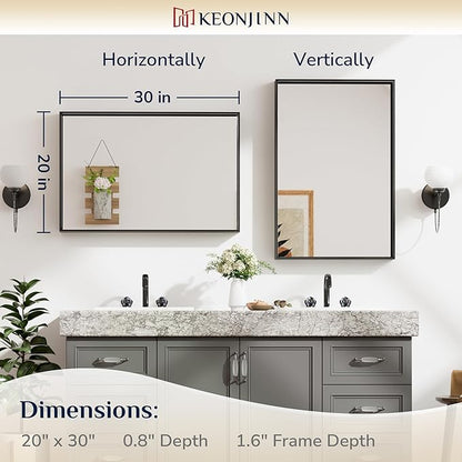 Keonjinn Black Mirror for Bathroom 20 x 30 Inch Brushed Framed Mirror, Rectangle Wall Mount Mirror Square Corner Modern Farmhouse Decorative Bathroom Vanity Mirror for Over Sink(Horizontal/Vertical)