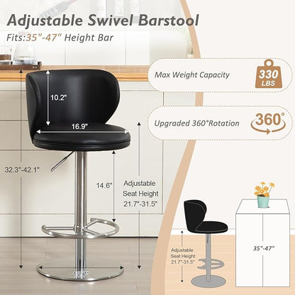 Bar Stools Adjustable Stainless Steel Swivel Barstool with Back and Footrest Leather Upholstered Bar Chairs for Home,Kitchen,Bar, Counter (Black, 1pc)