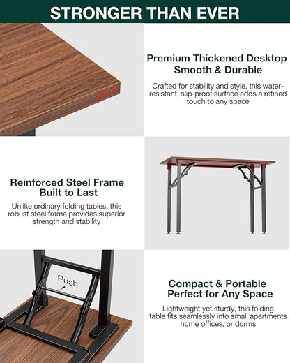 Frylr Small Folding Computer Desk – 43.3 Inch Portable Table for Craft and Study, Lightweight Desk for Small Spaces, Foldable Laptop Table Built-in AC/USB Outlets for Convenience, Dark Walnut