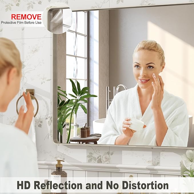 22x30 Inch Brushed Nickel Bathroom Mirror, Brushed Silver Metal Framed Wall Mirror, Rounded Corner Rectangle Modern Vanity Mirror, Tempered Glass, Anti-Rust, Shatterproof (Horizontal/Vertical)